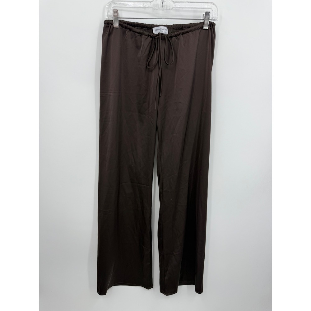Peppermayo deacon low rise Wide Leg Pants sz S Brown Satin Drawstring Trousers
